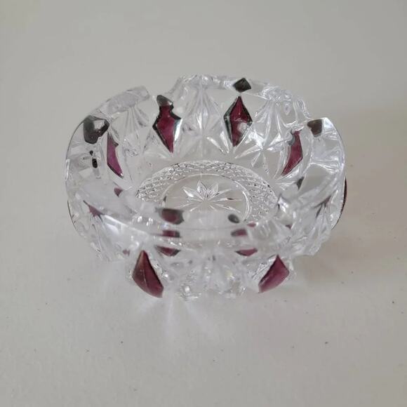 Vintage Crystal Clear Cut Glass Ashtray Purple Ruby Diamond Accent 1980s - Picture 2 of 8